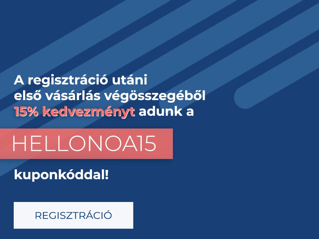 A regisztráció utáni első vásárlás végösszegéből 15% kedvezményt adunk a HELLONOA15 kuponkóddal.